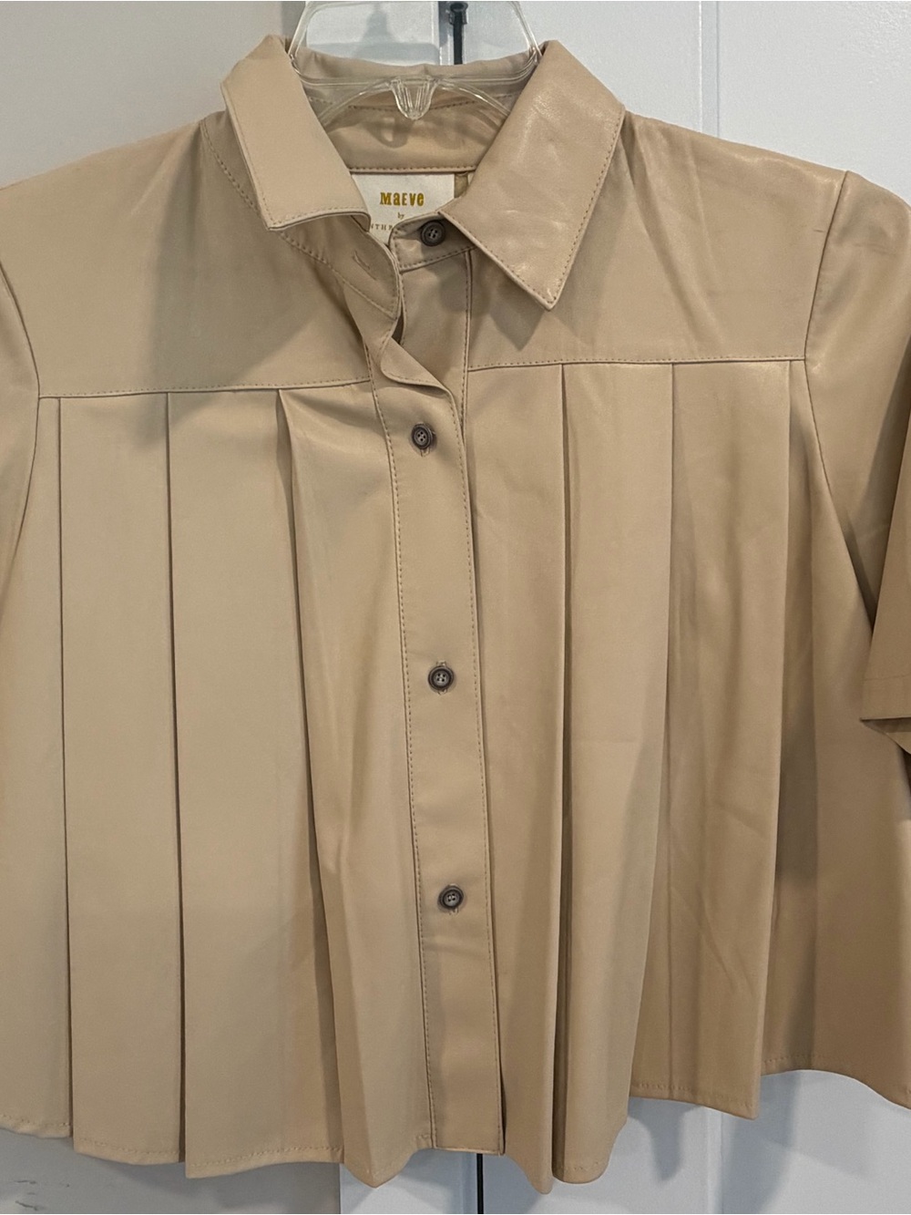 Anthropologie Maeve Tan Pleated Button-Front Shirt